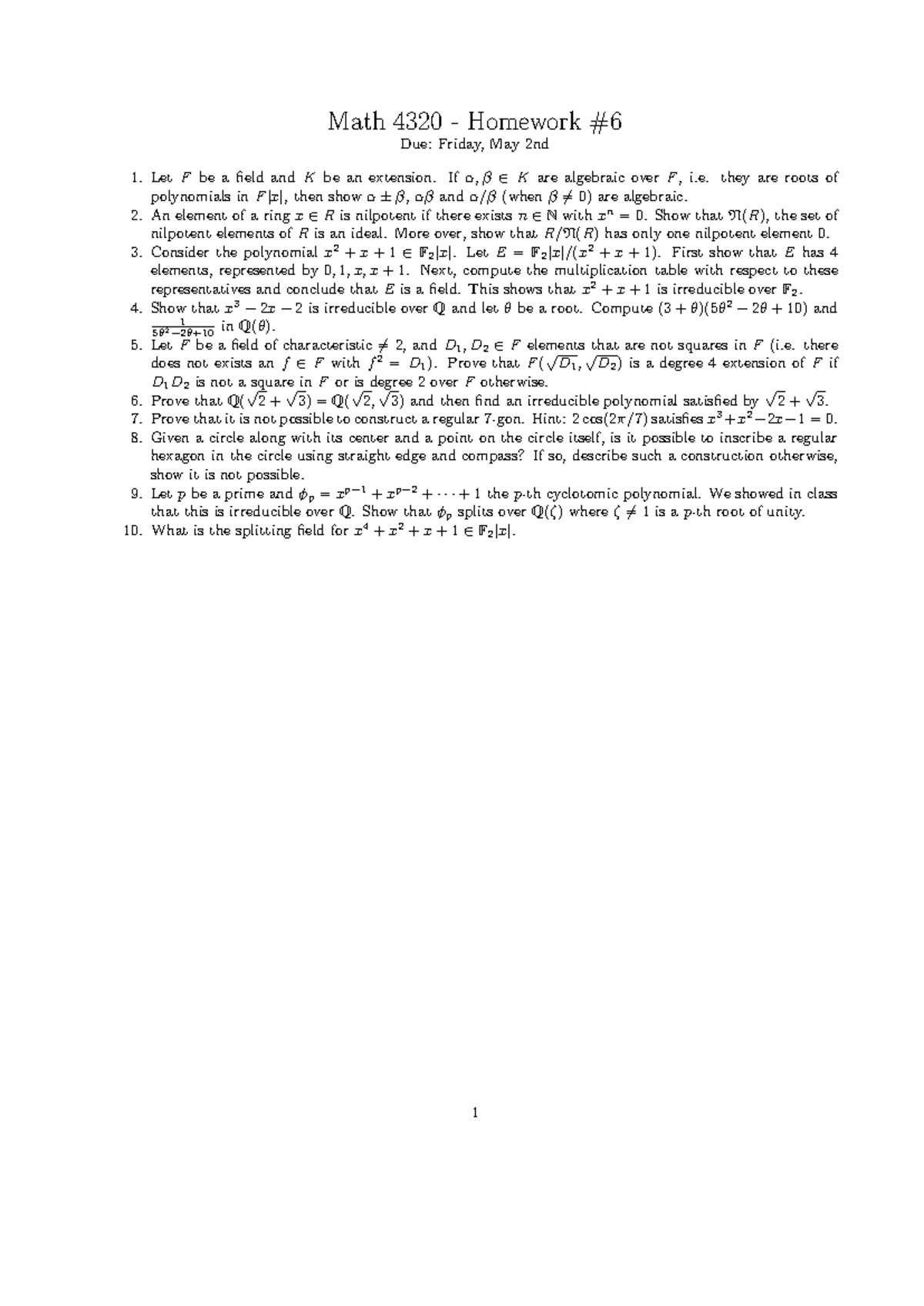 Math 4320 Homework 6: Introduction to Algebra Concepts - Studocu