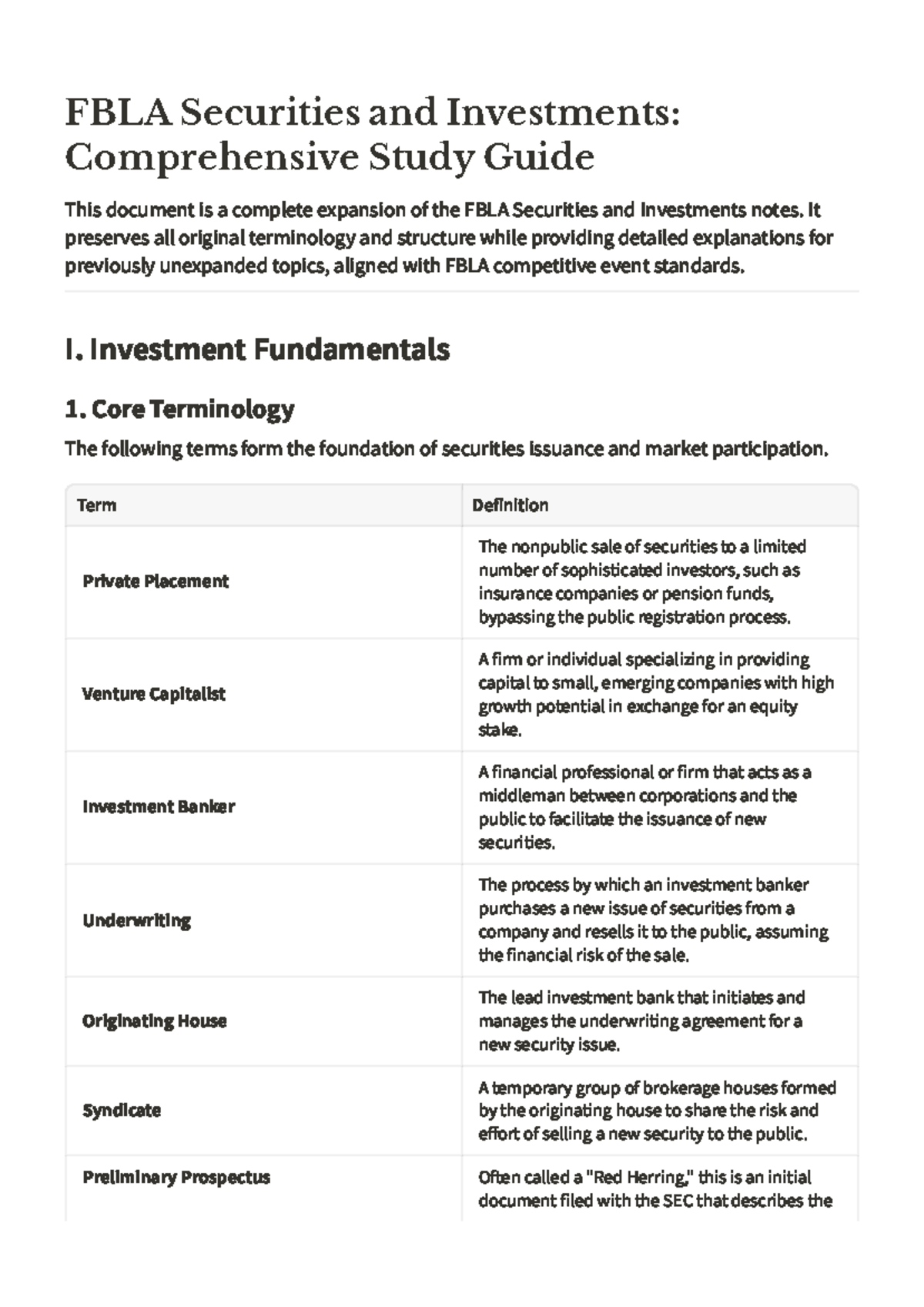 FBLA Securities and Investments: In-Depth Study Guide - Studocu