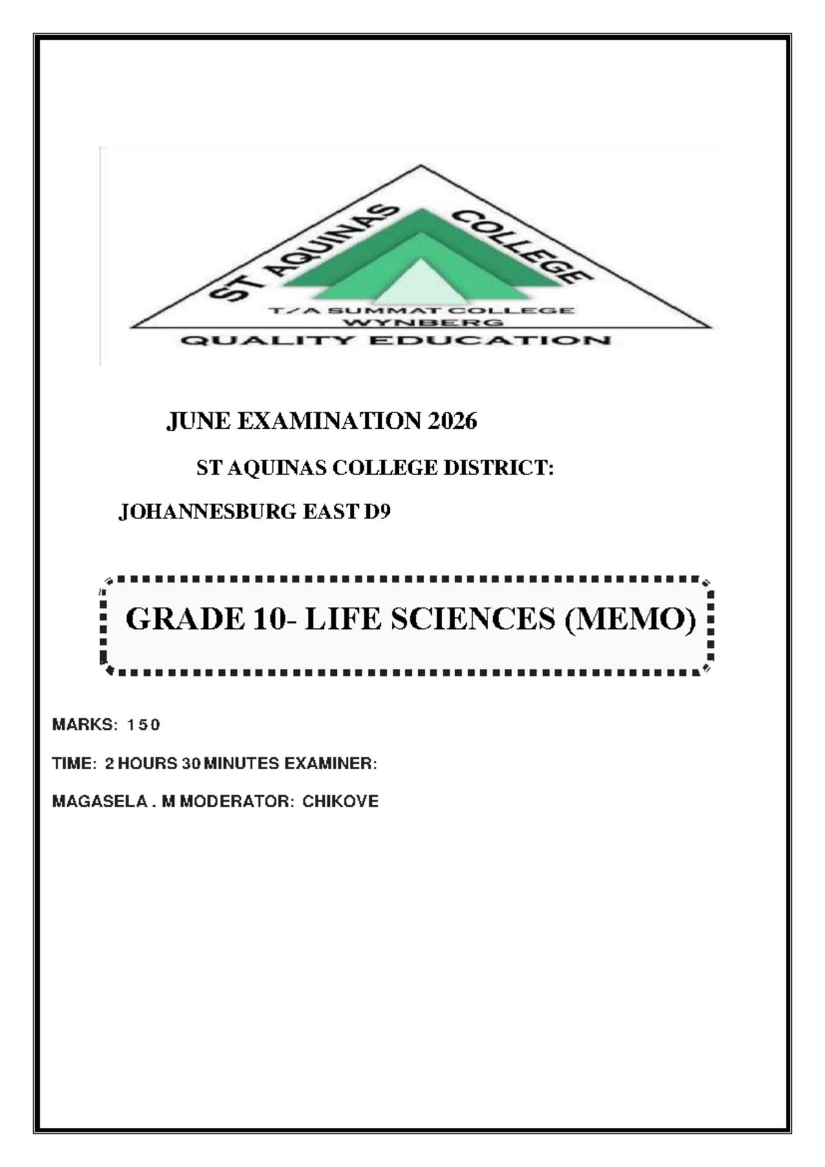 GR 10 LIFE SCIENCES 2026 JUNE EXAM MEMO - ST AQUINAS COLLEGE - Studocu