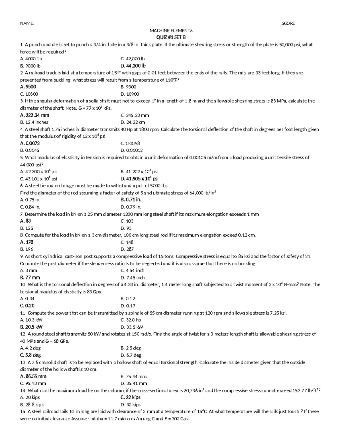 Machine Design Quiz 1 set B - NAME: SCORE MACHINE ELEMENTS QUIZ #1 SET ...