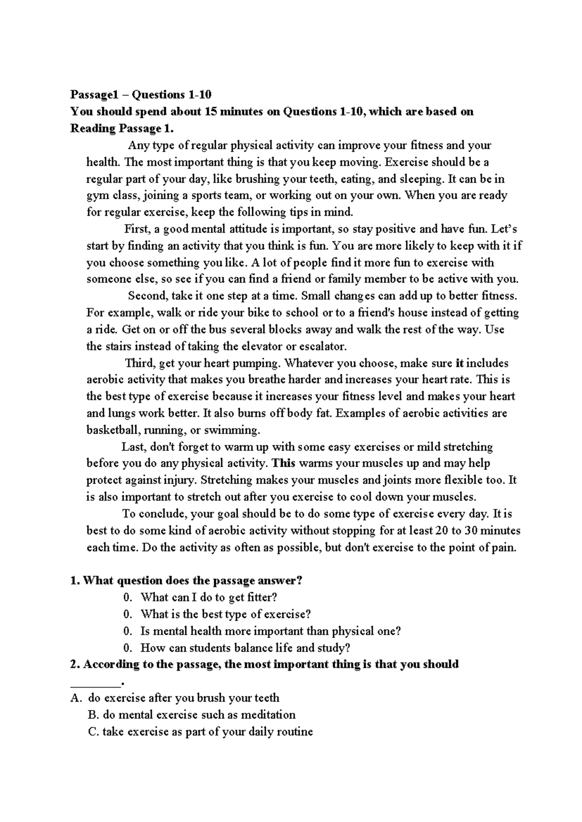 Reading Comprehension Practice: Passages and Questions (1-30) - Studocu