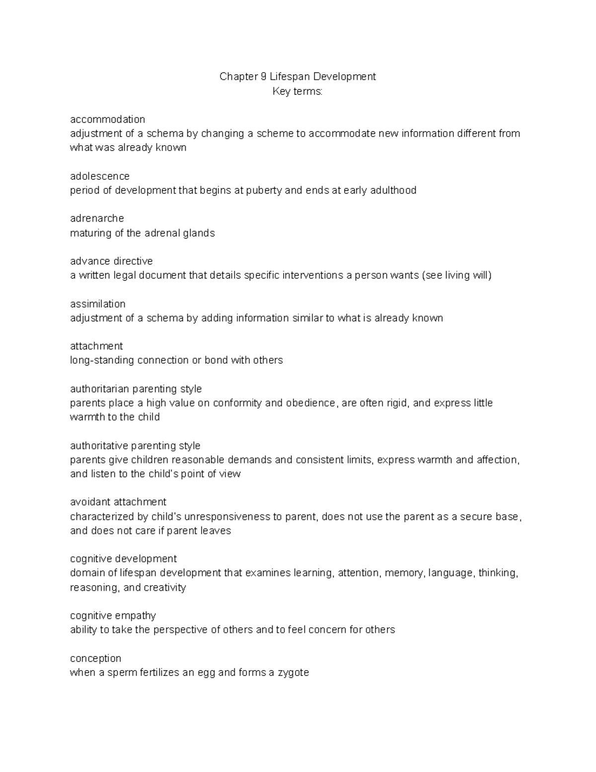 Chapter 9 Lifespan Development: Key Terms & Concepts Overview - Studocu