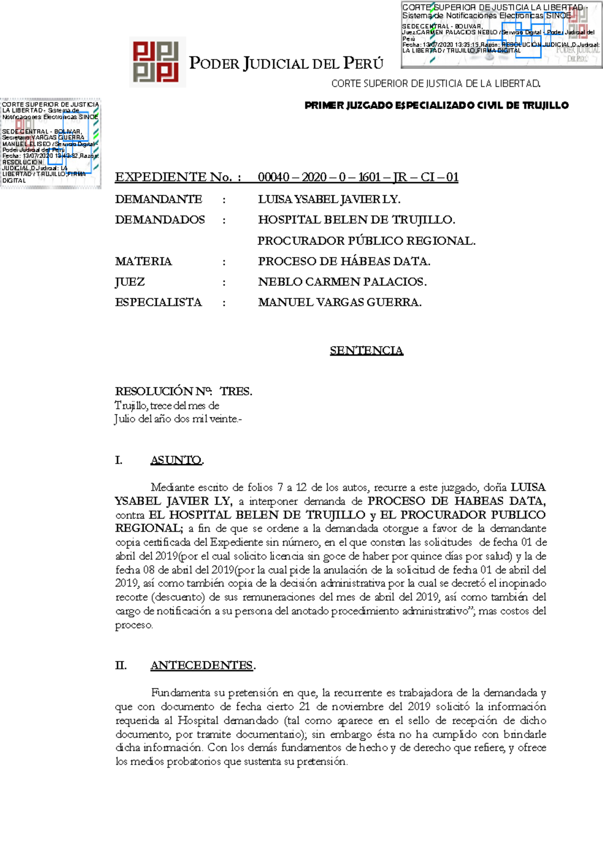 Sentencia de Hábeas Data - Caso Luisa Ysabel Javier - Exp. 00040-2020