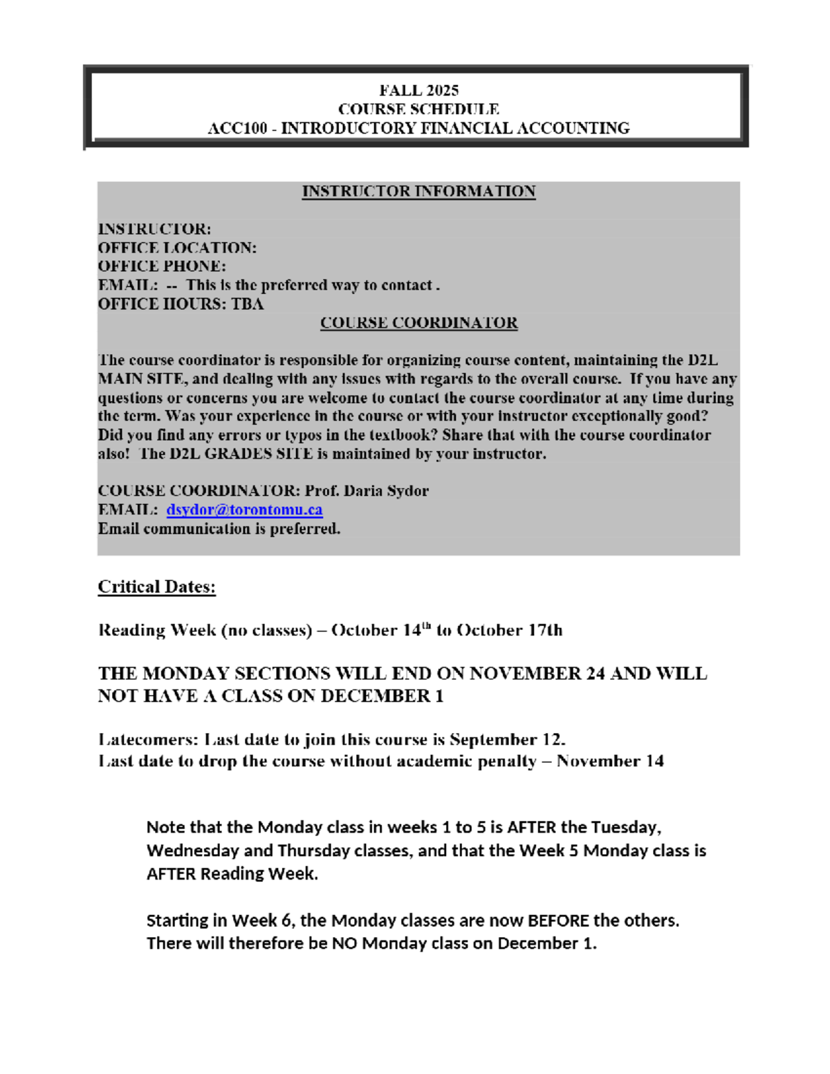 ACC100 Fall 2025 Course Schedule & Instructor Info - Studocu