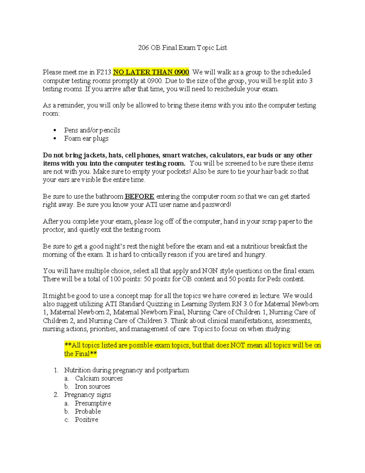 206 OB Final Exam Study Guide - Key Topics for Review 2024 - Studocu