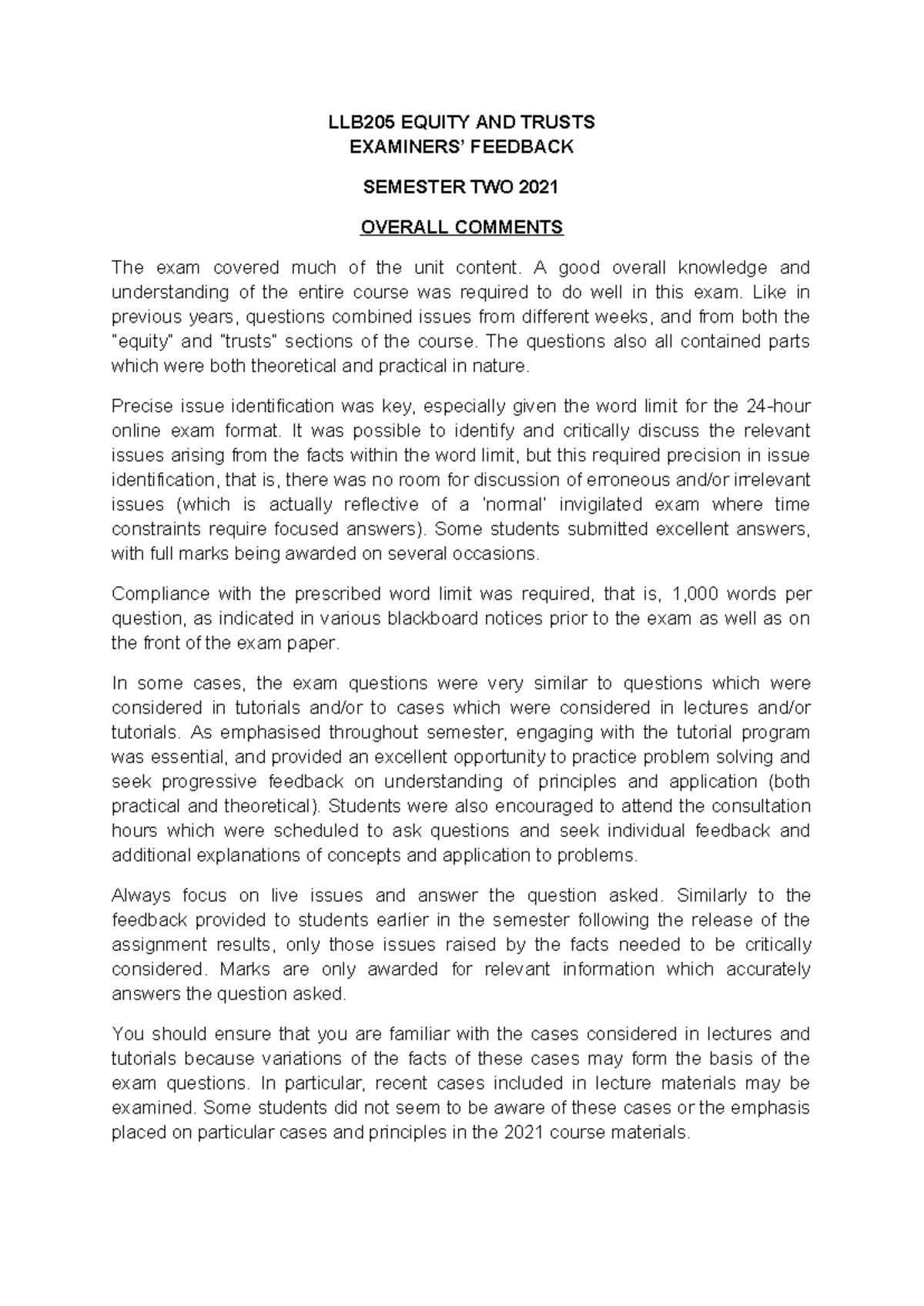 LLB205 2021 Final Examiners Feedback on Equity and Trusts - Studocu