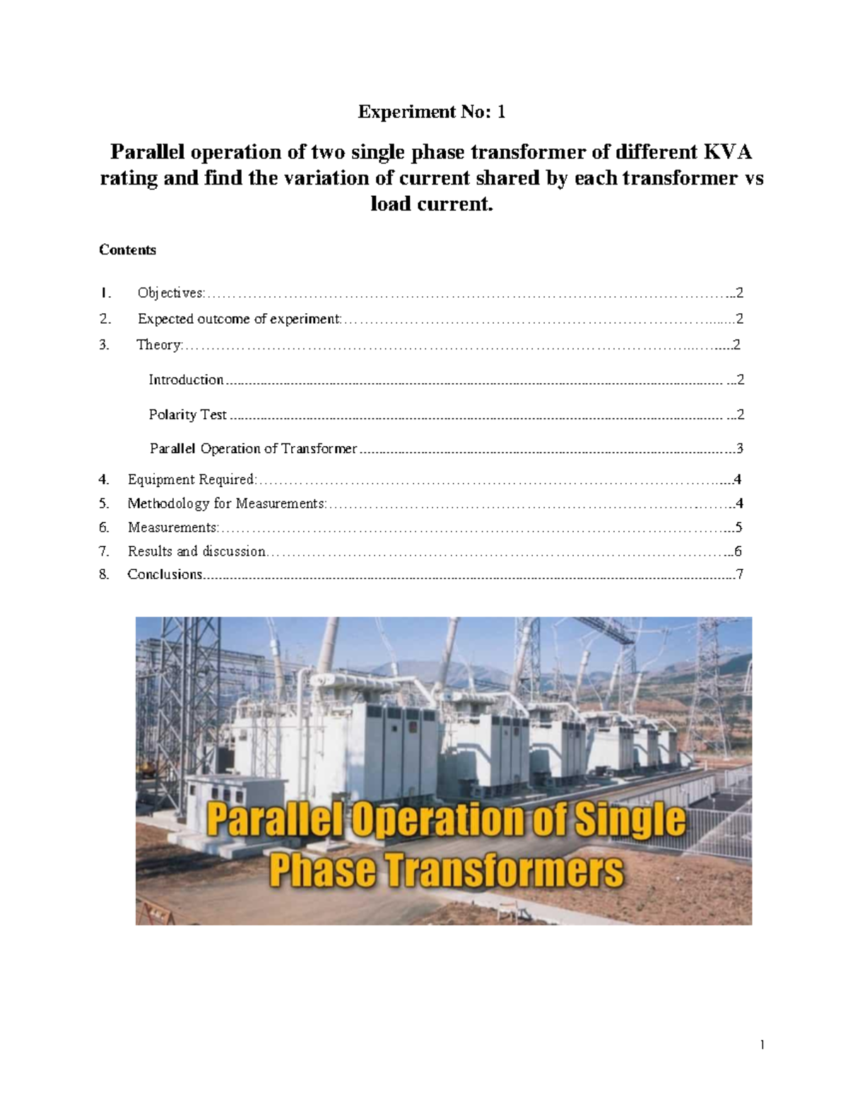 Experiment I2901: Parallel Operation of Single Phase Transformers and ...