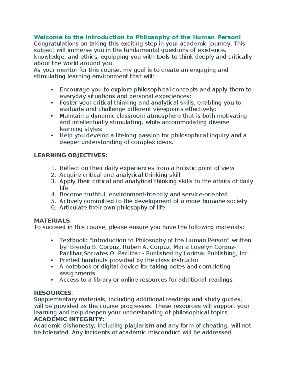 PHIL 101: Syllabus for Introduction to Philosophy of the Human Person ...