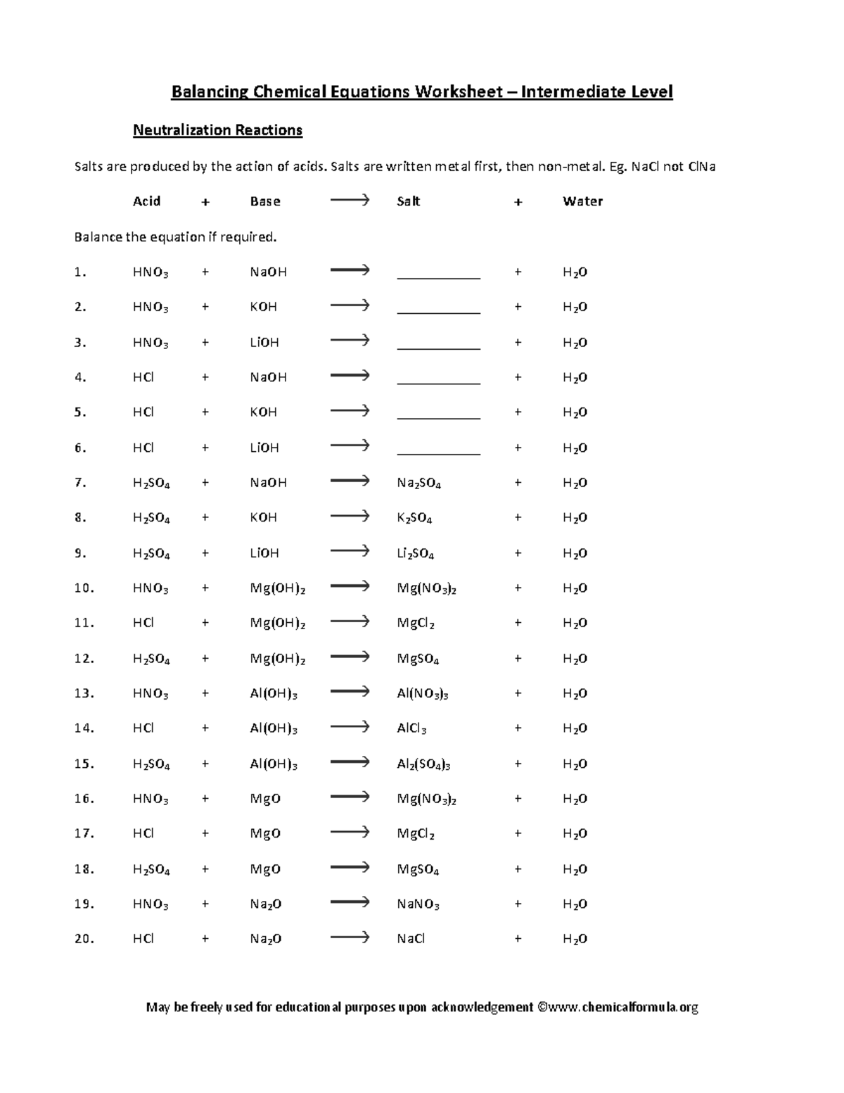 W - Balancing Chemical Equations Worksheet: Neutralization Reactions ...