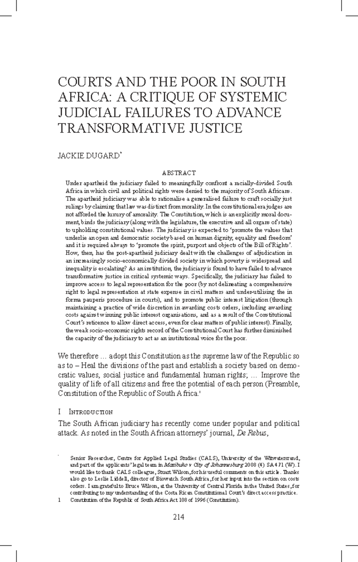COURTS AND THE POOR IN SOUTH AFRICA: SYSTEMIC FAILURES IN ...