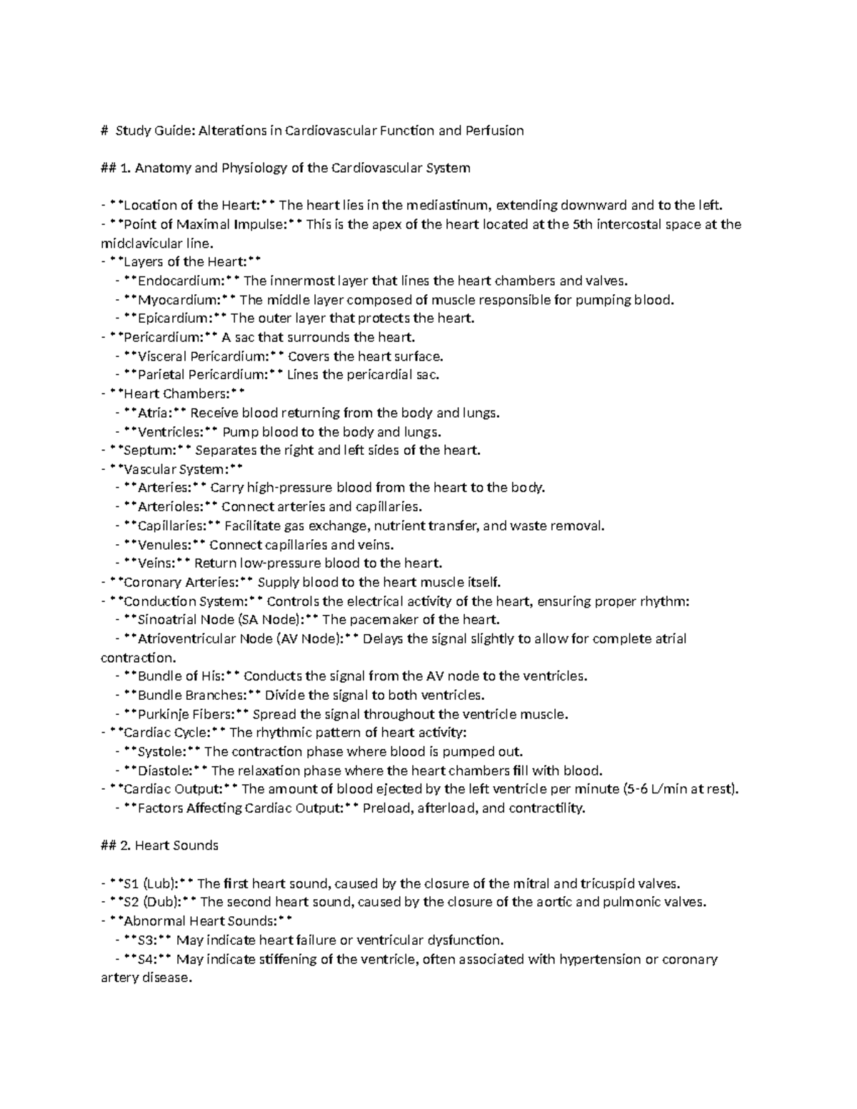 Study Guide: Cardiovascular Function & Disorders - NURS 101 - Studocu