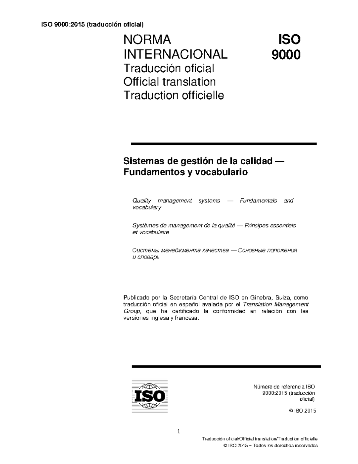 ISO 9000:2015 - Fundamentos y Vocabulario de Gestión de Calidad - Studocu
