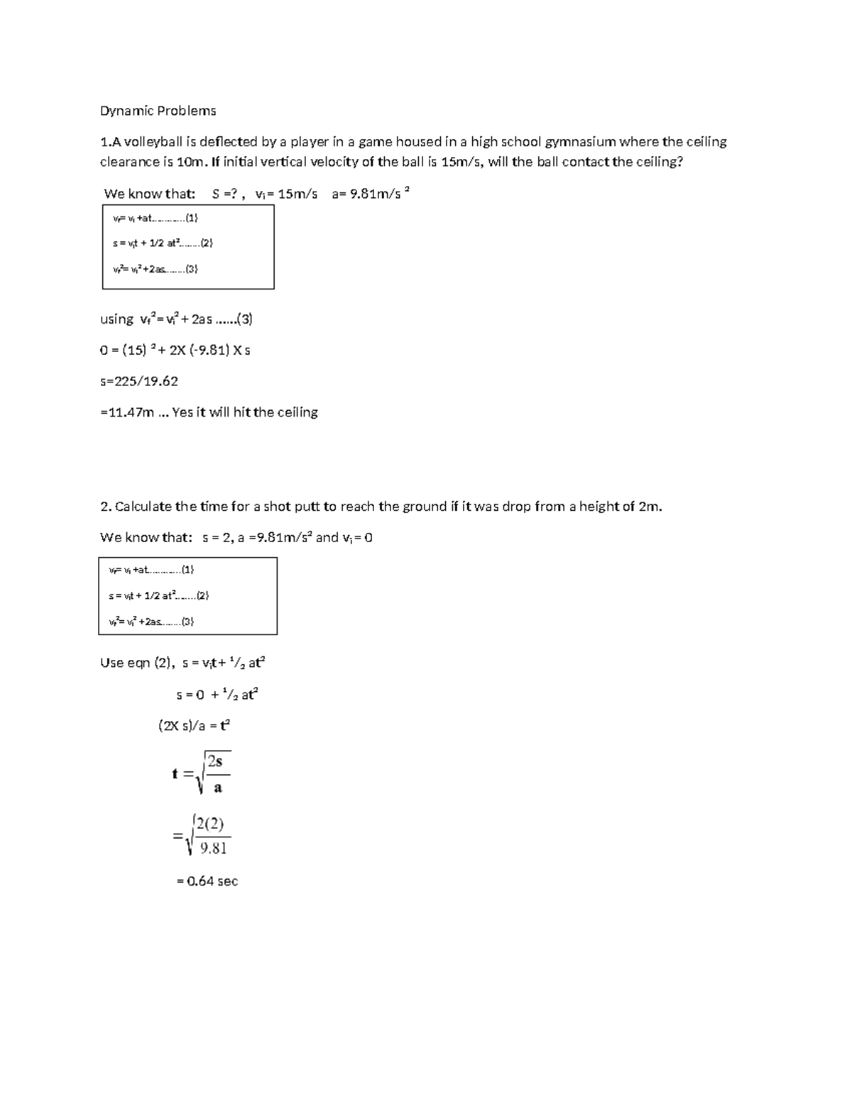Dynamic Problems in Laws of Constant Acceleration (Physics) - Studocu