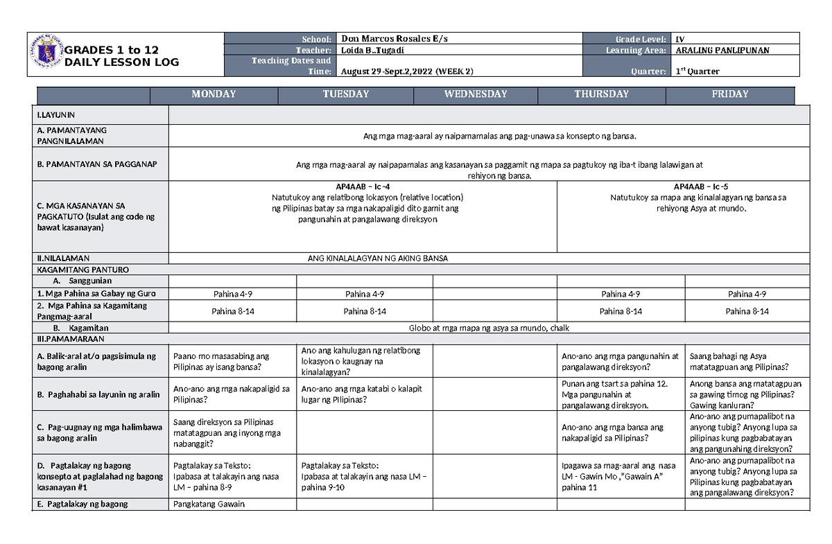 DLL Araling Panlipunan 4 Q1 W2 - GRADES 1 to 12 DAILY LESSON LOG School ...