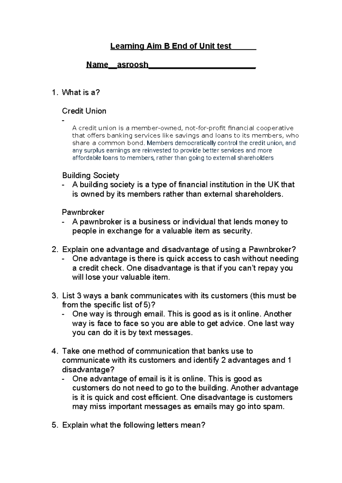 Learning Aim B - End of Unit Test on Financial Services - Studocu
