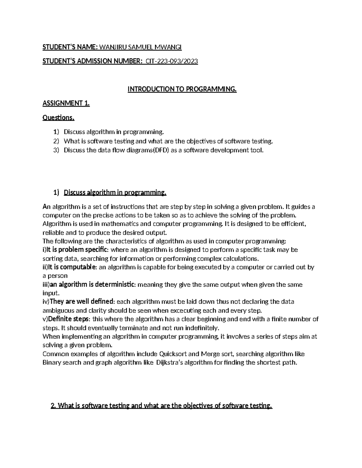 Programming 101: Assignment 1 - Algorithms, Software Testing & DFDs ...