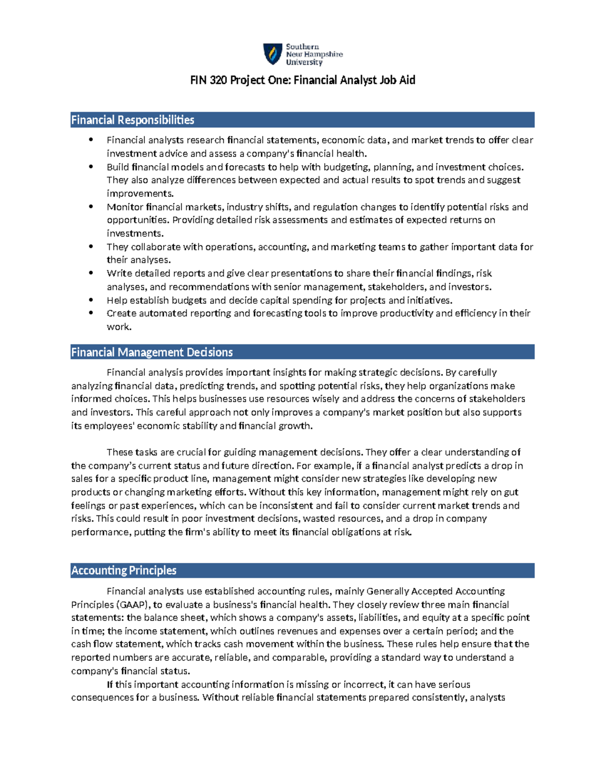 FIN 320 Project One: Financial Analyst Responsibilities & Insights ...