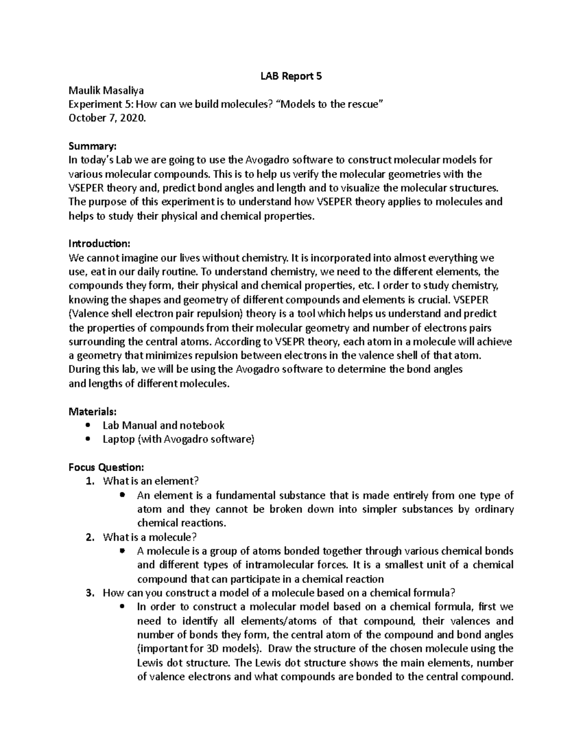 LAB Report 5: VSEPR Theory & Molecular Modeling with Avogadro - Studocu