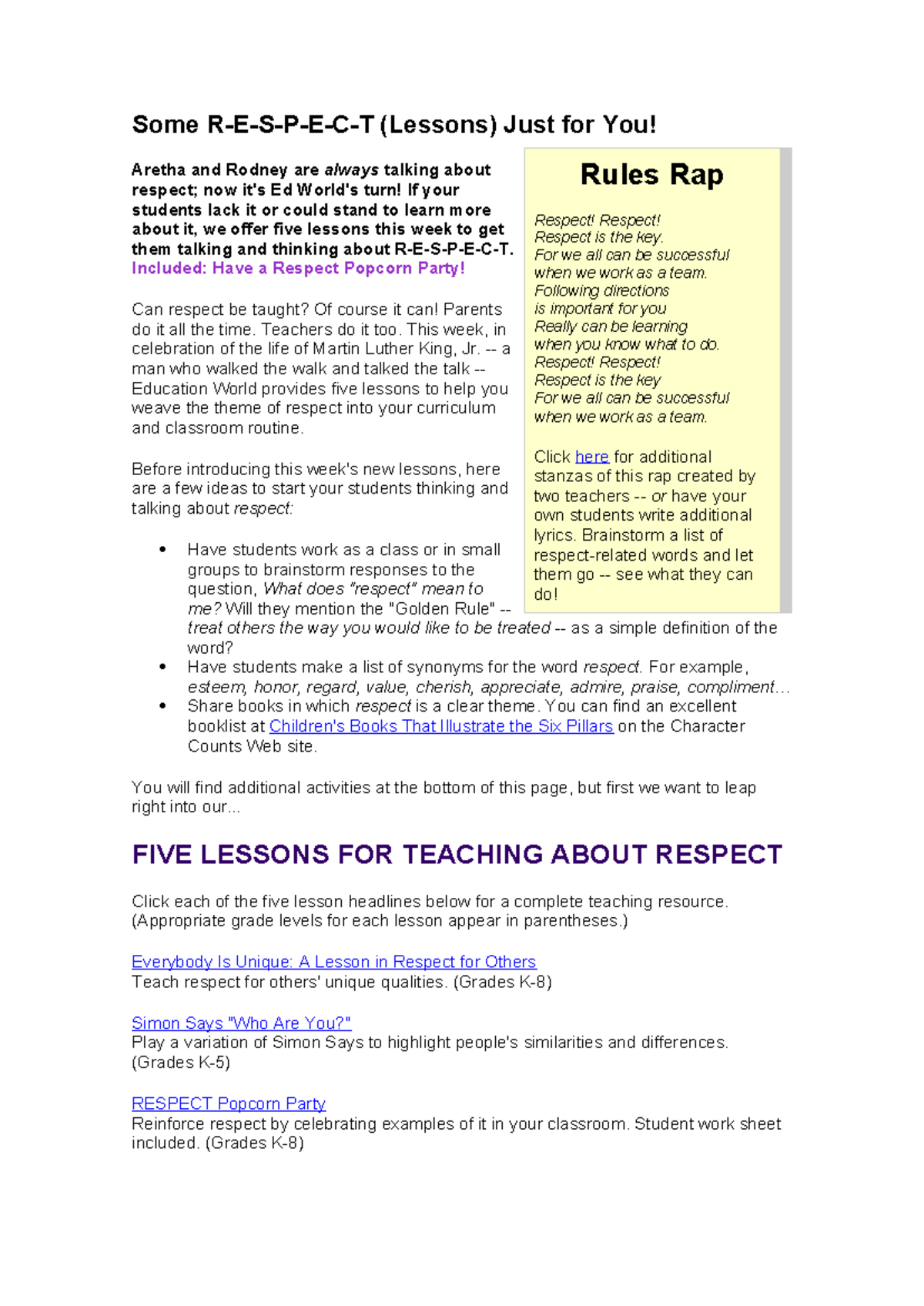 Respect: Five Engaging Lessons for Teaching Values in Class - Studocu