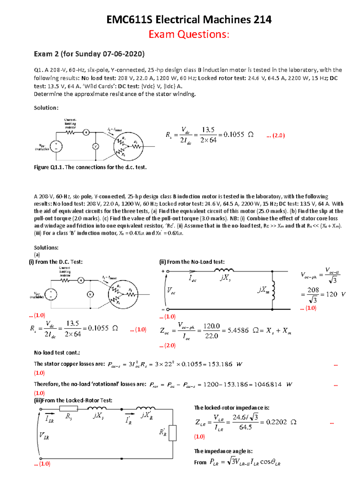EMC611S Three-phase Induction Motors Exam 2 Questions and Solutions ...