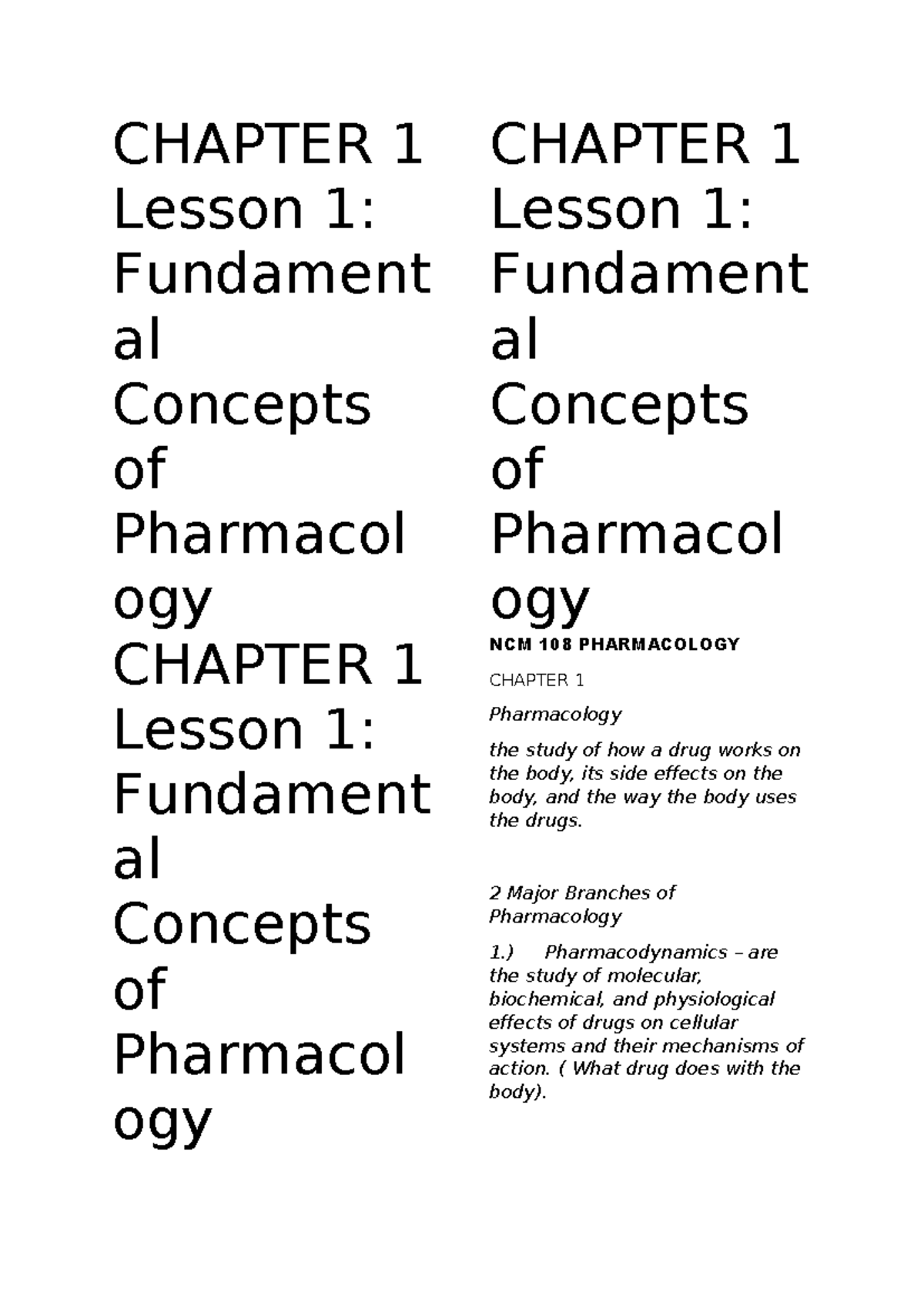 NCM 108 Lecture Notes: Fundamentals of Pharmacology Concepts - Studocu