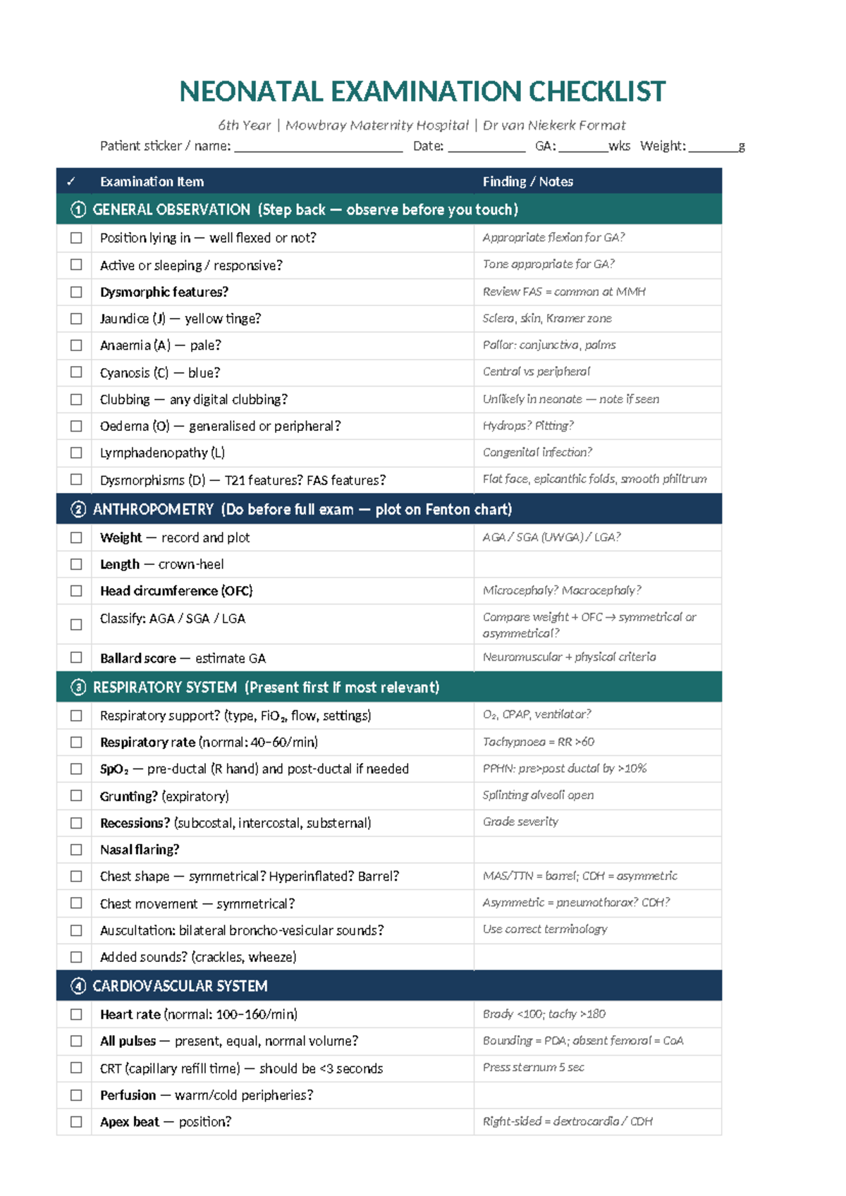 Neonatal Examination Checklist for 6th Year - Mowbray Maternity ...