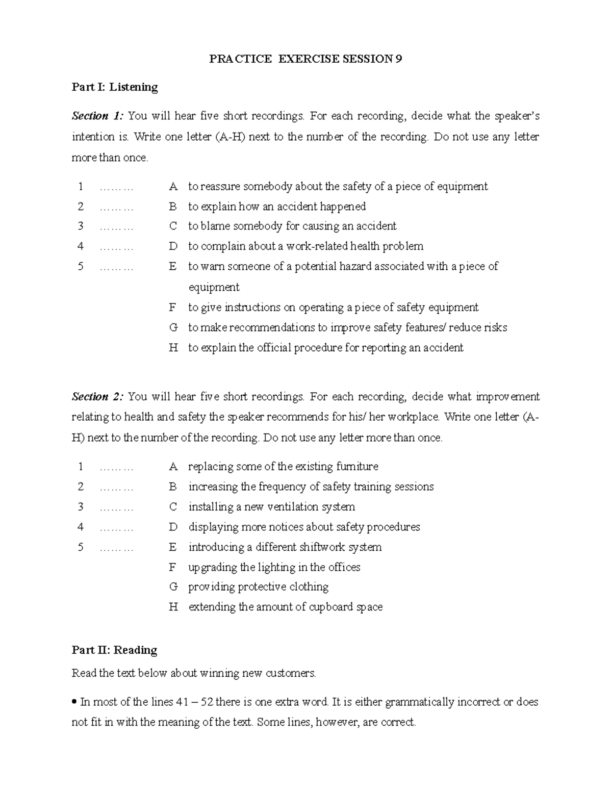 Practice Exercise Session 9 - PRACTICE EXERCISE SESSION 9 Part I ...