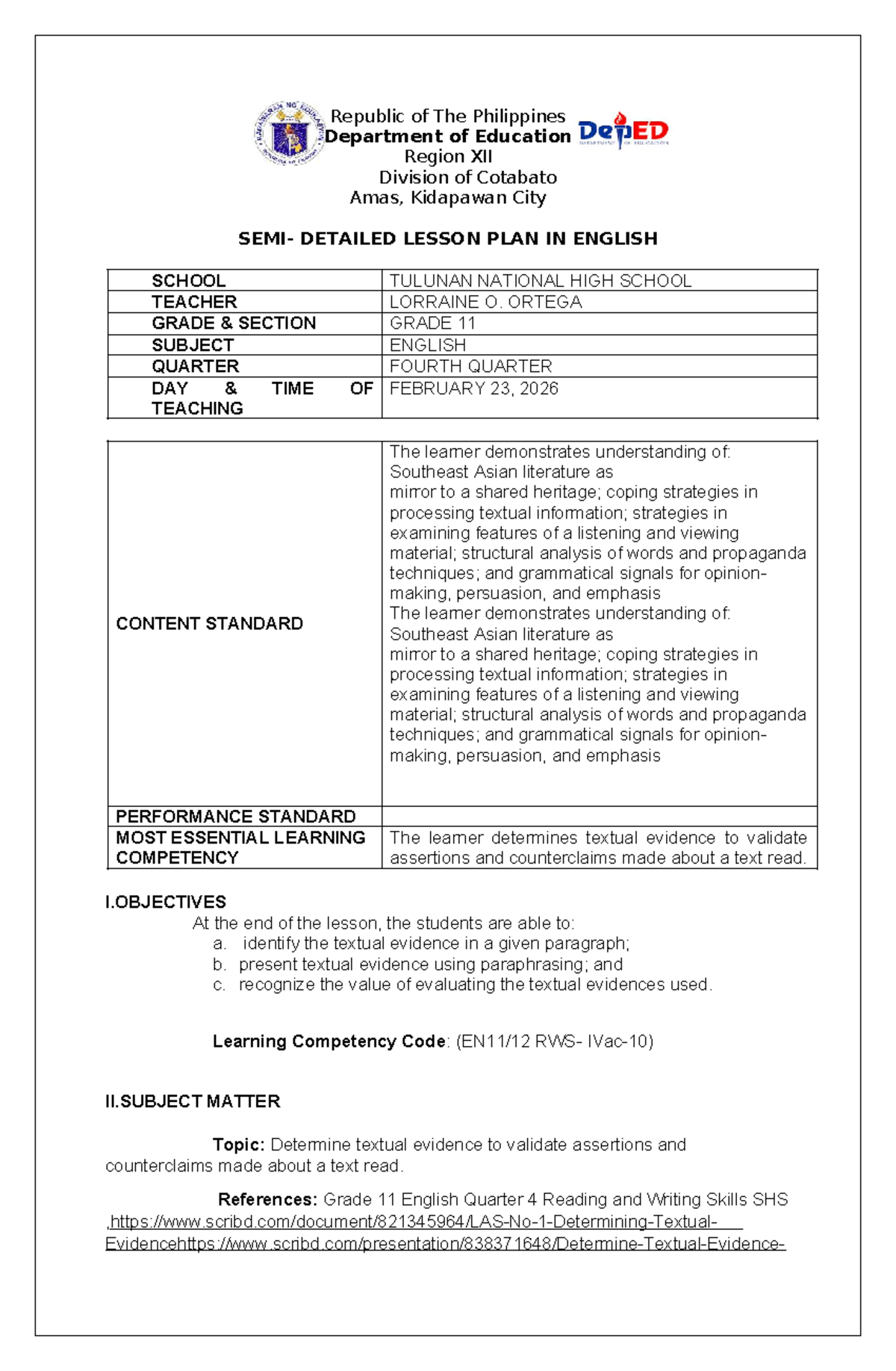 Detailed Lesson Plan in English for Grade 11 (SHS) - Feb 23, 2026 - Studocu