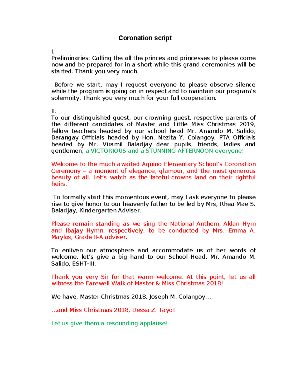 Christmas coronation script 2019 - Coronation script I. Preliminaries ...