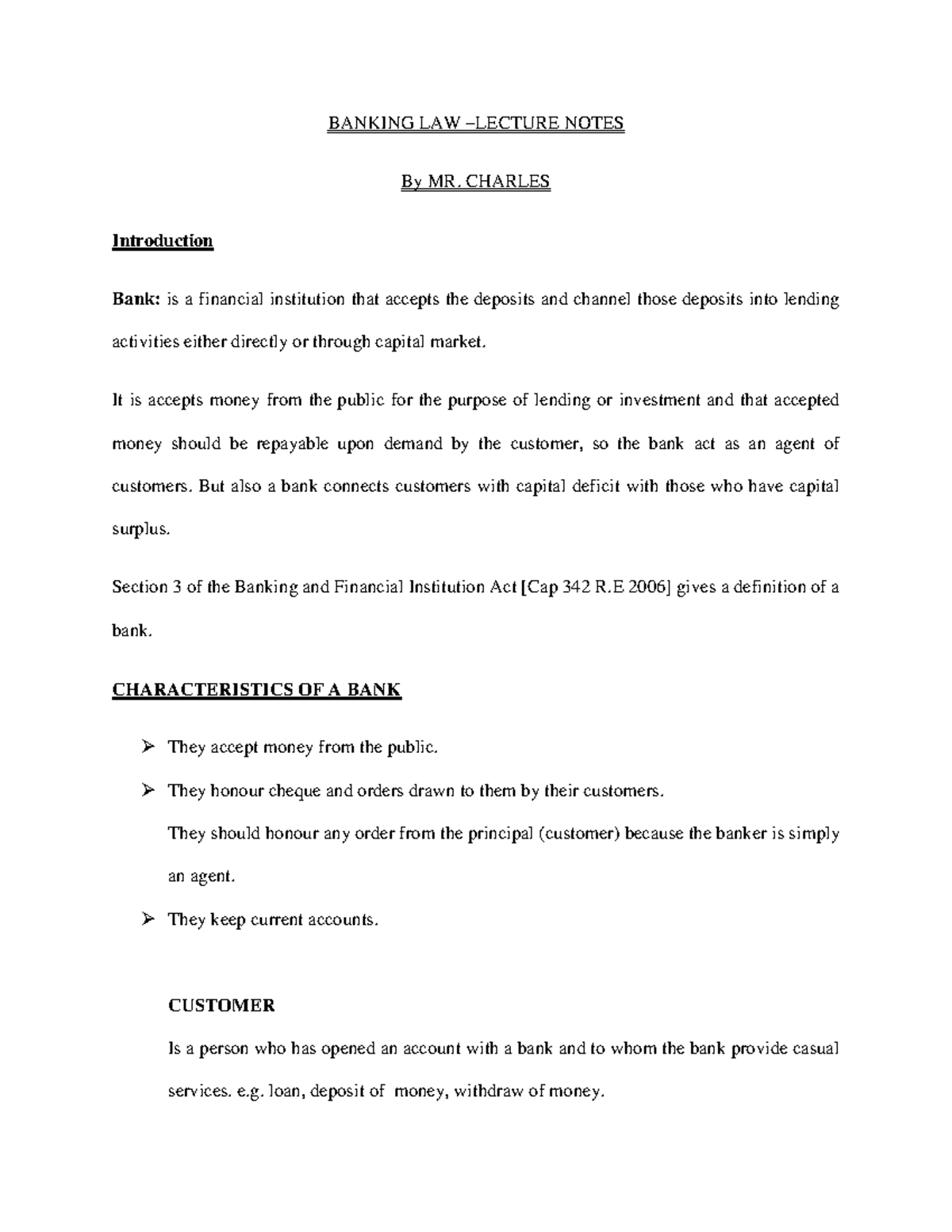 BANKING LAW NOTES - MR. CHARLES: Key Concepts and Relationships - Studocu
