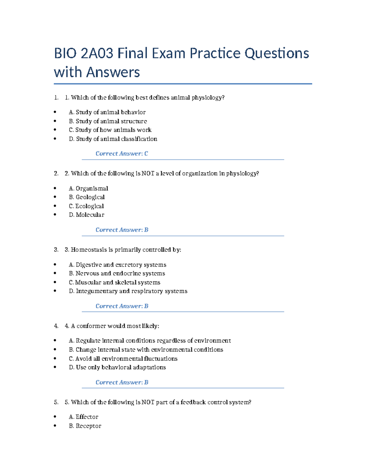 BIO 2A03 Final Exam Practice Questions & Answers Guide - Studocu
