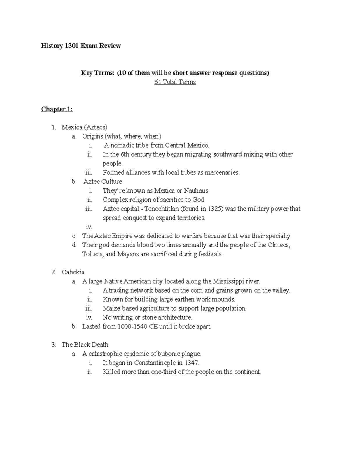 History 1301 Exam I Study Guide: Key Terms & Concepts - Studocu