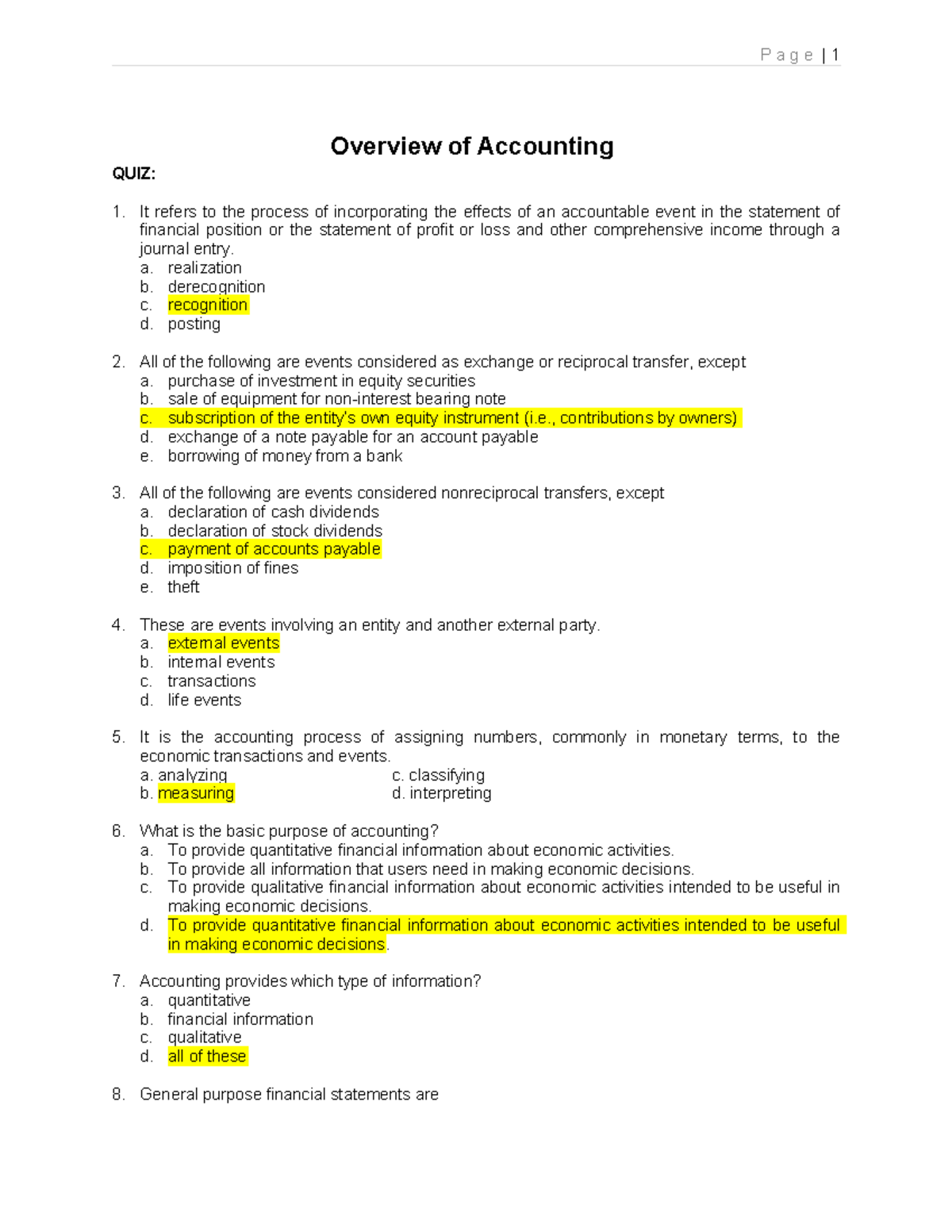 P1 Quiz 1 - Overview of Accounting Concepts - Studocu