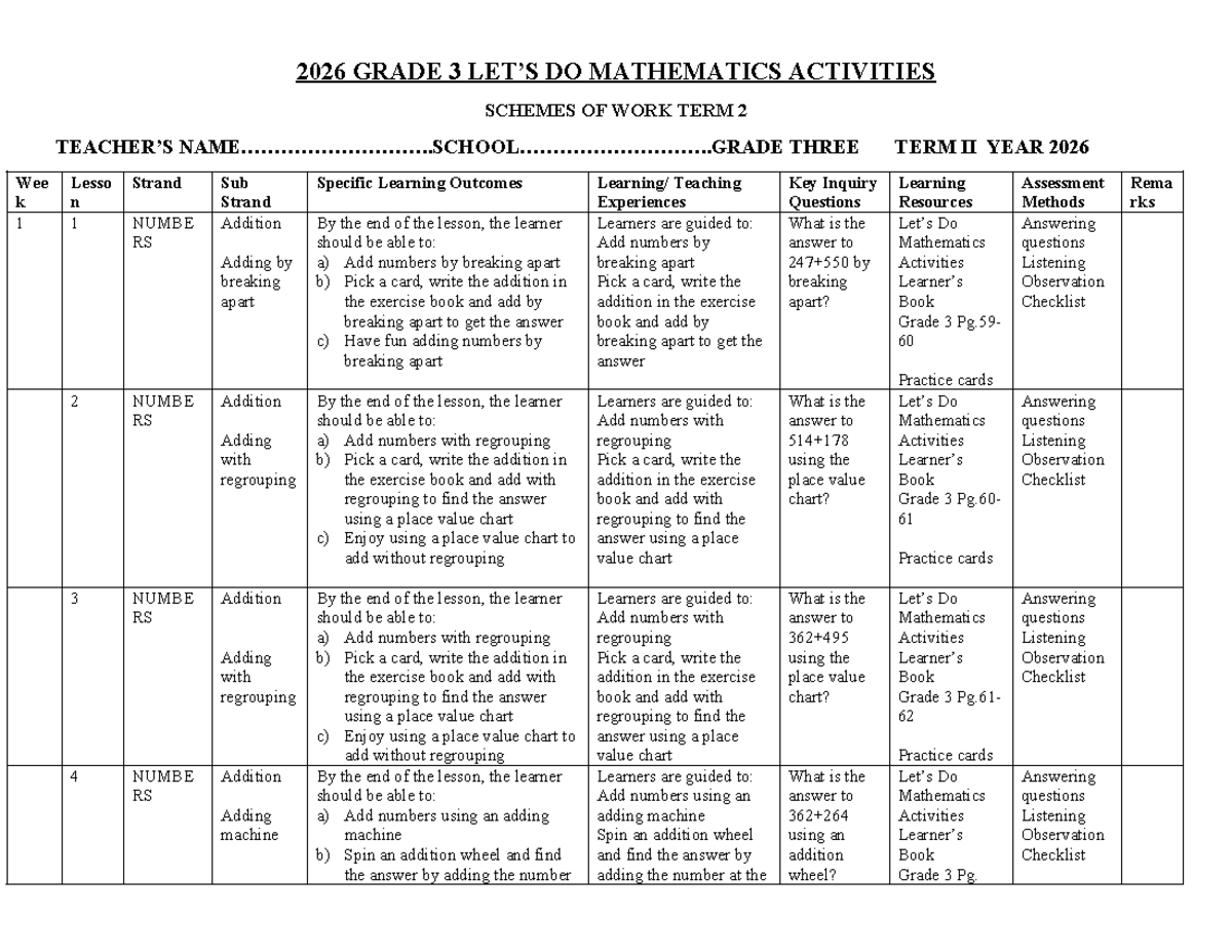Grade 3 MATHEMATICS TERM 2 Lesson Plans and Activities - Studocu