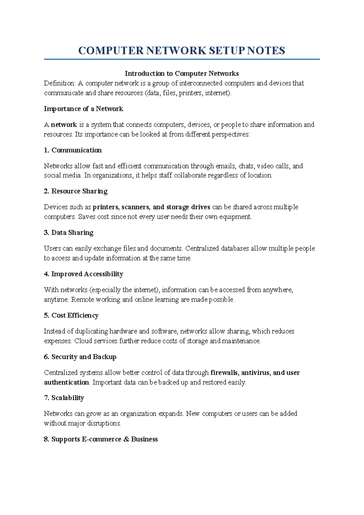 COMPUTER NETWORK SETUP NOTES: Key Concepts and Skills - Studocu