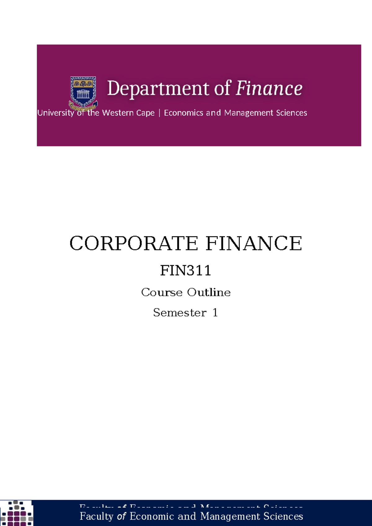 FIN311 Corporate Finance Course Outline - Semester 1, 2026 - Studocu