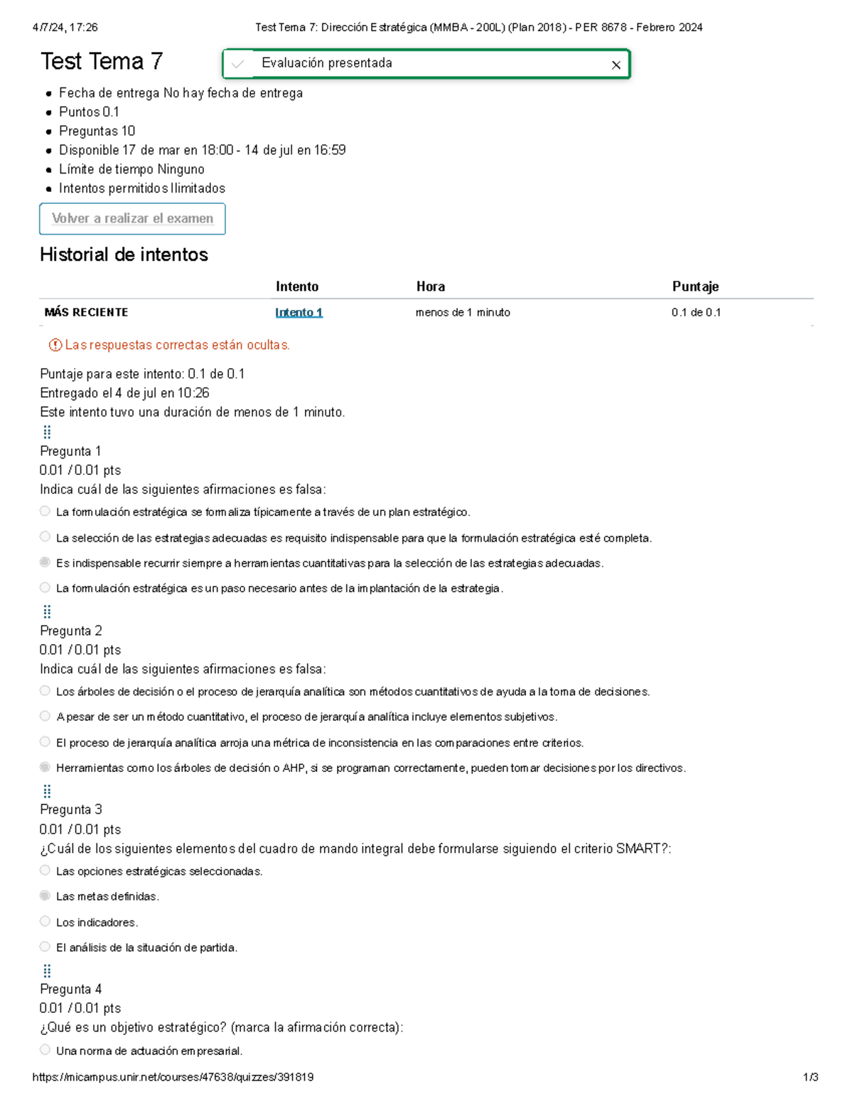 Test Tema 7: Dirección Estratégica - Evaluación (MMBA - 200L) - Studocu