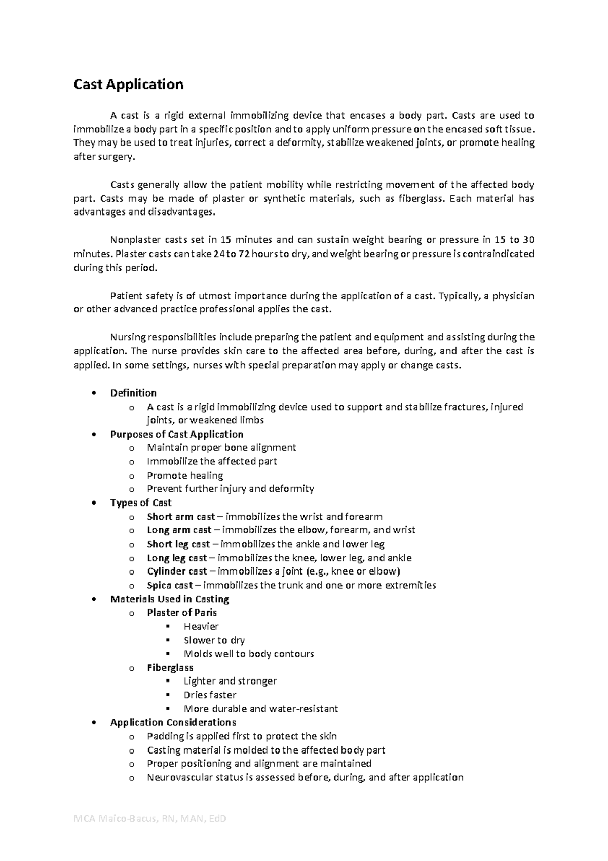 MCA RN, MAN, EdD Cast Application and Care: Return Demonstration Notes ...