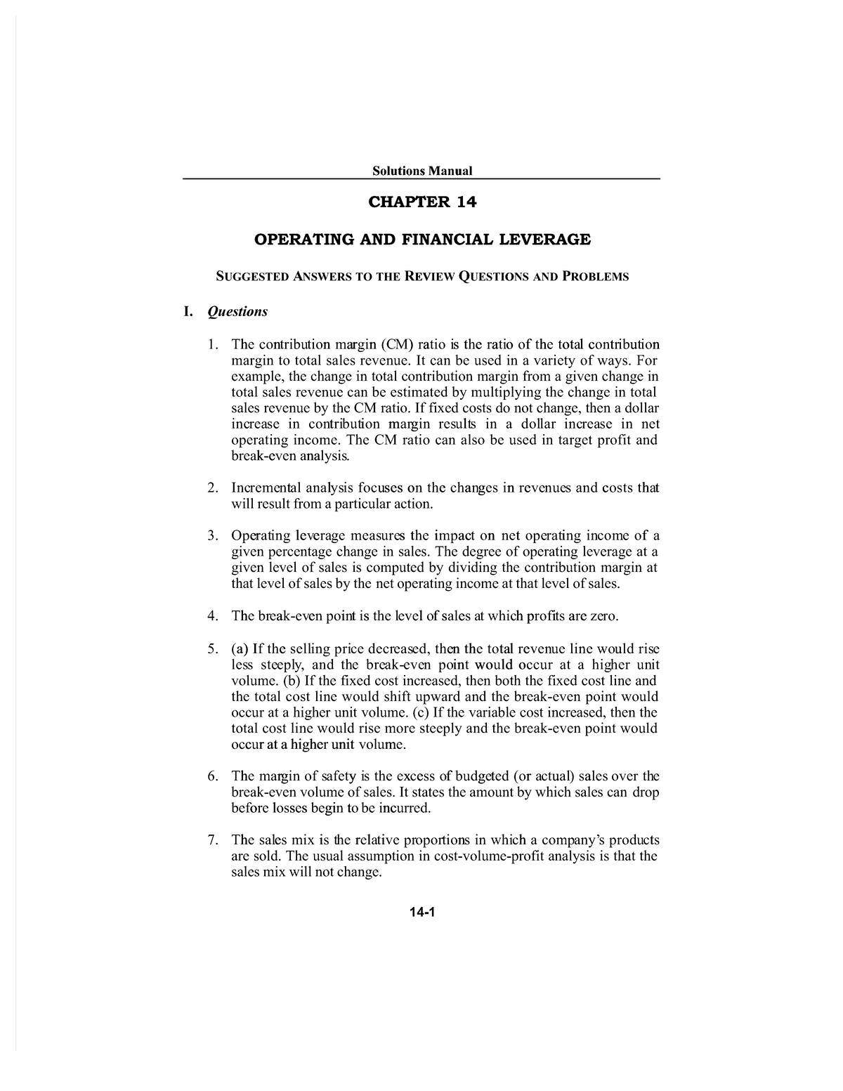 Operating and Financial Leverage: Solutions Manual Chapter 14 - Studocu