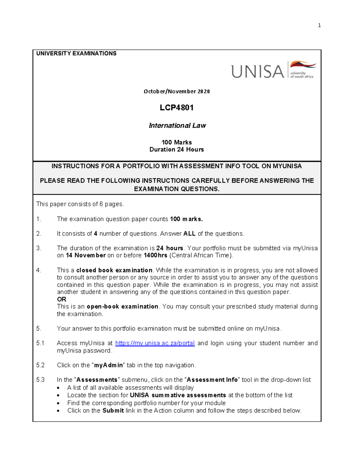 LCP4801 October-November 2020 International Law Exam Questions - Studocu