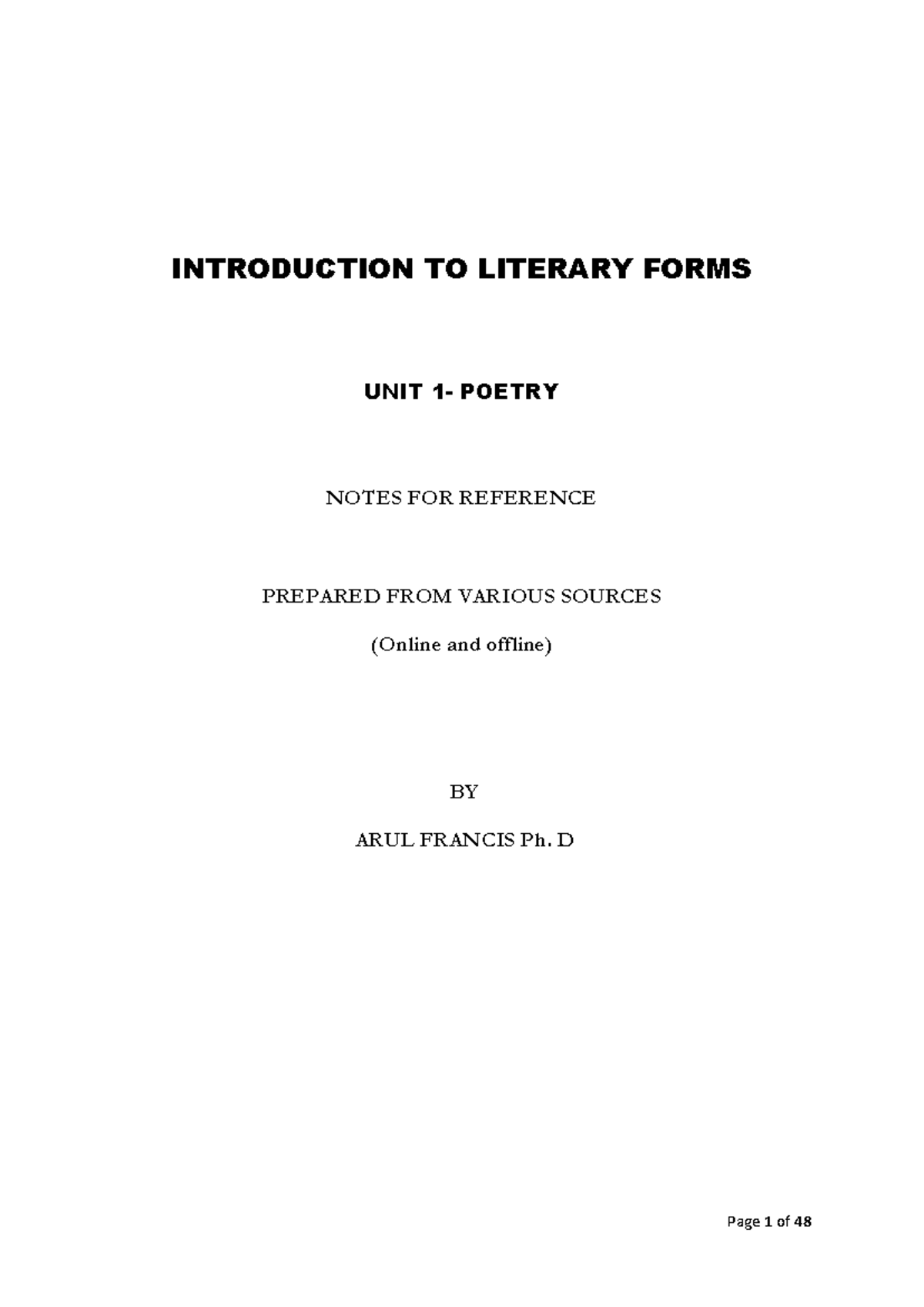 Poetry and Drama Study Notes for Literary Forms (SEM I, MC, 6 CREDITS ...