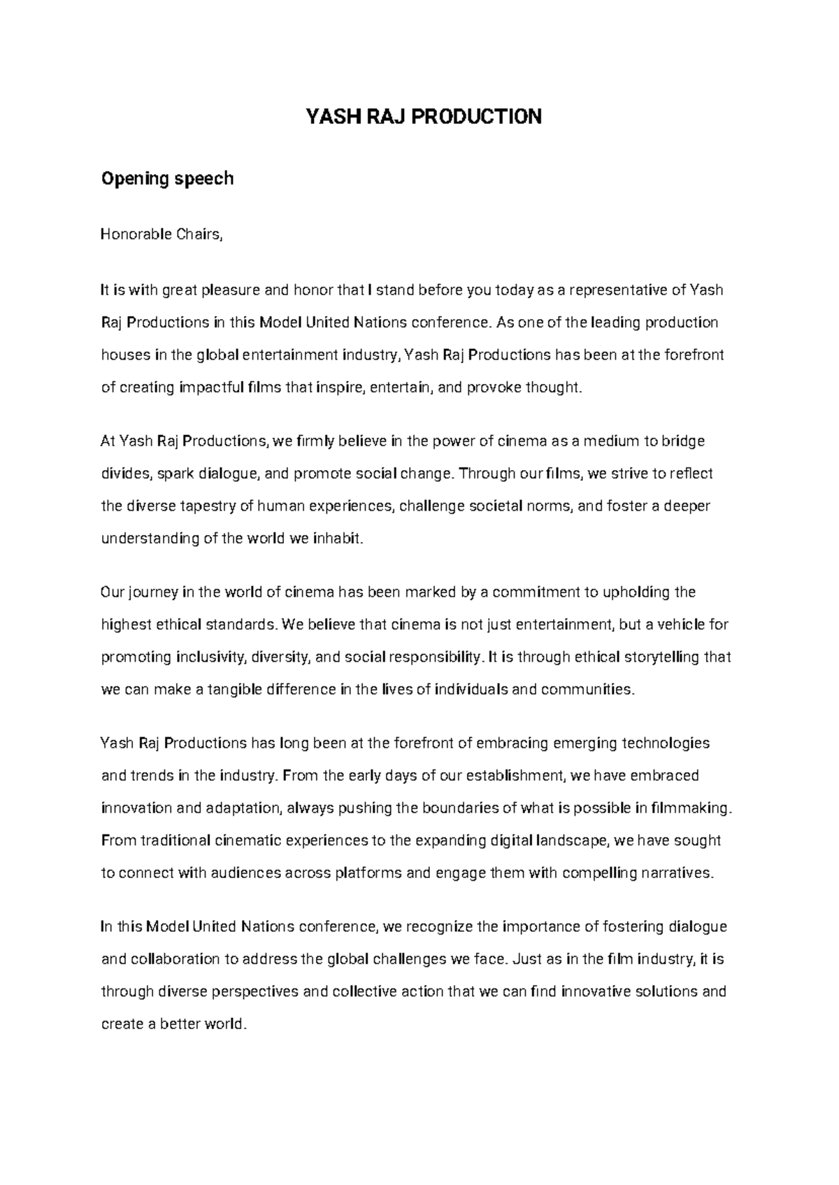Yash raj production - speech for debates - YASH RAJ PRODUCTION Opening ...