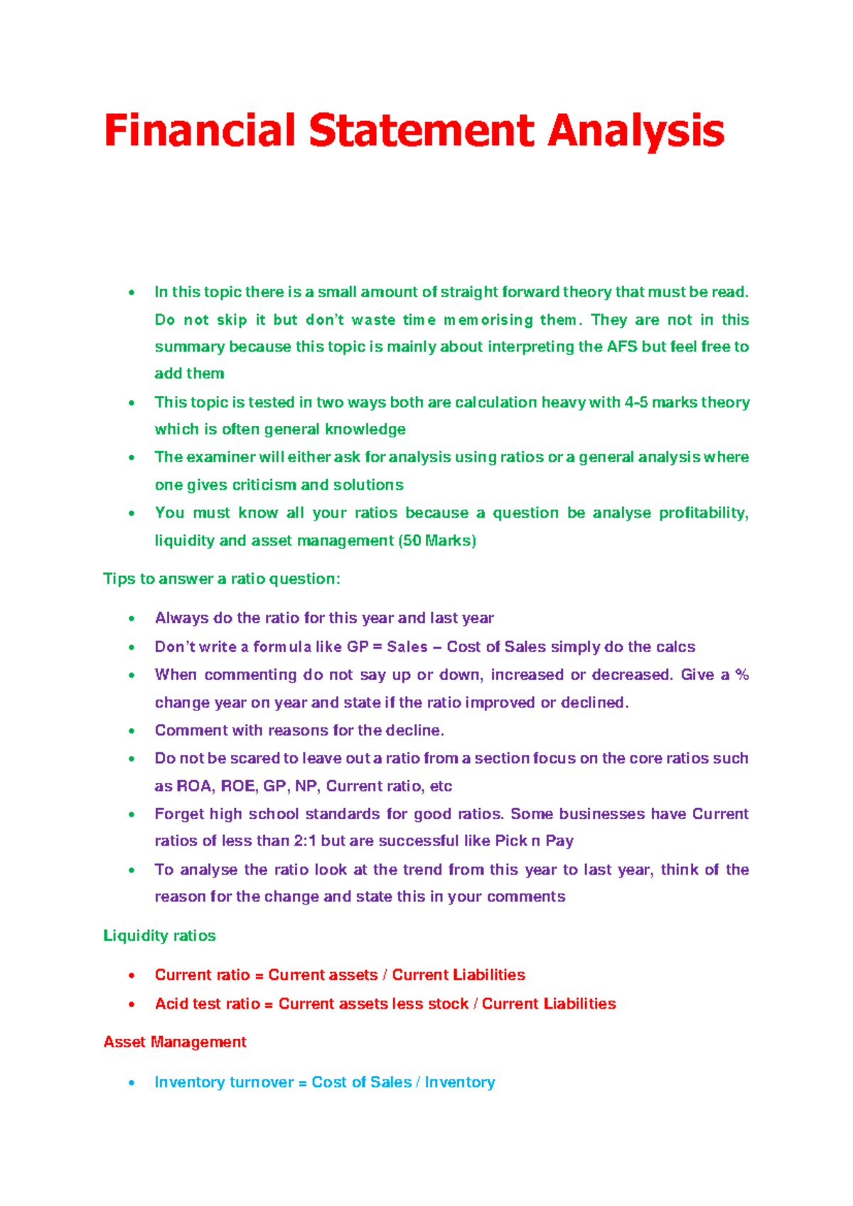Financial Statement Analysis Study Guide: Key Ratios & Tips - Studocu