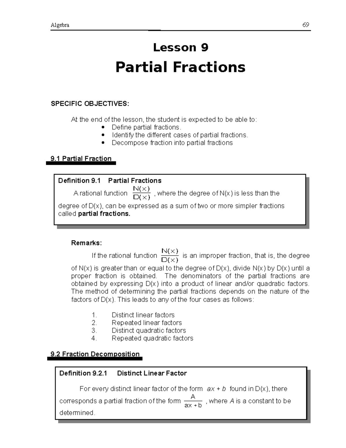 Guide-Teacher Lesson 9 Partial Fractions - Lesson 9 Partial Fractions ...