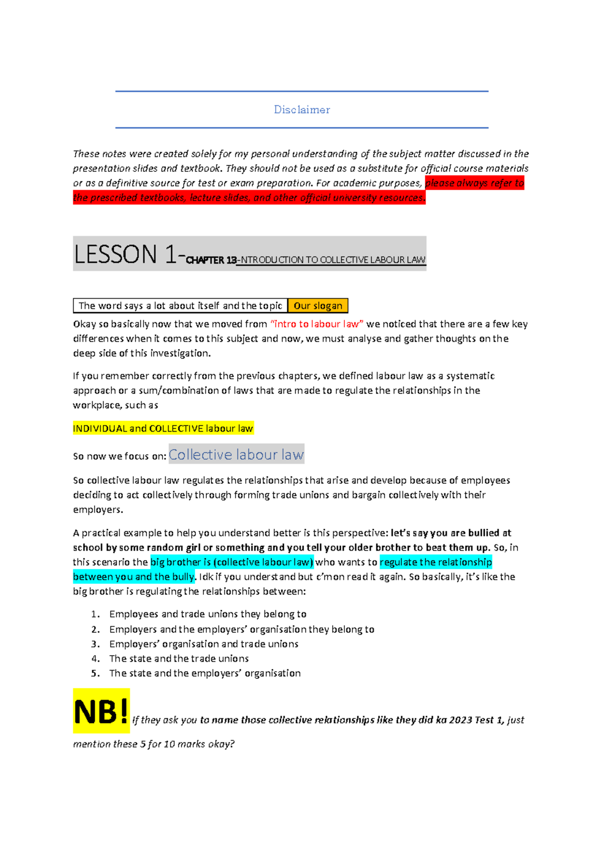 CMLA022 Lesson Notes: Introduction to Collective Labour Law - Studocu
