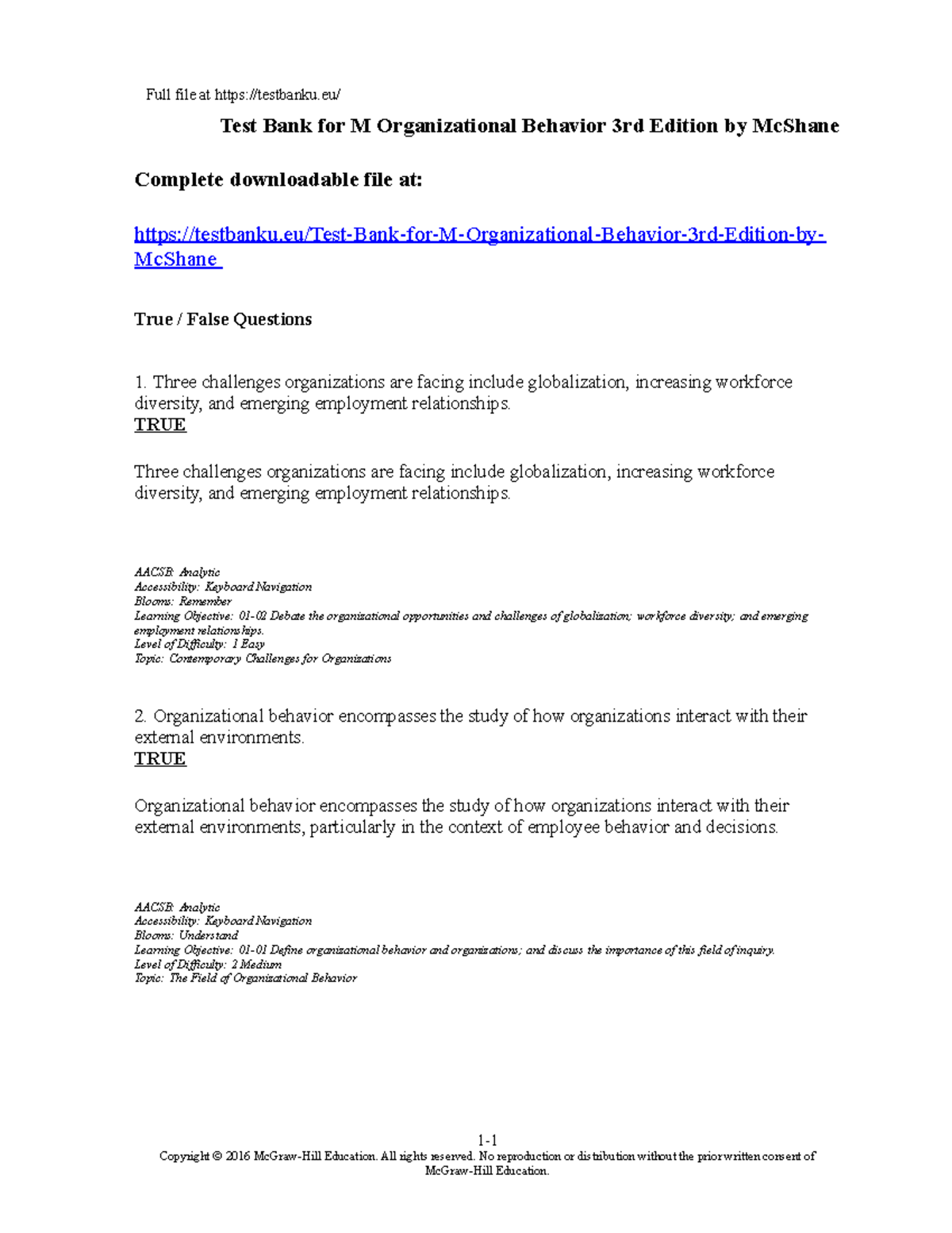 Test Bank for M Organizational Behavior - Three challenges ...