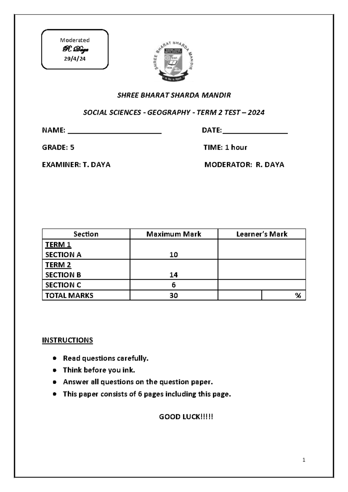 Grade 5 SS Geography Term 2 Test Questions Paper 2024 - Studocu