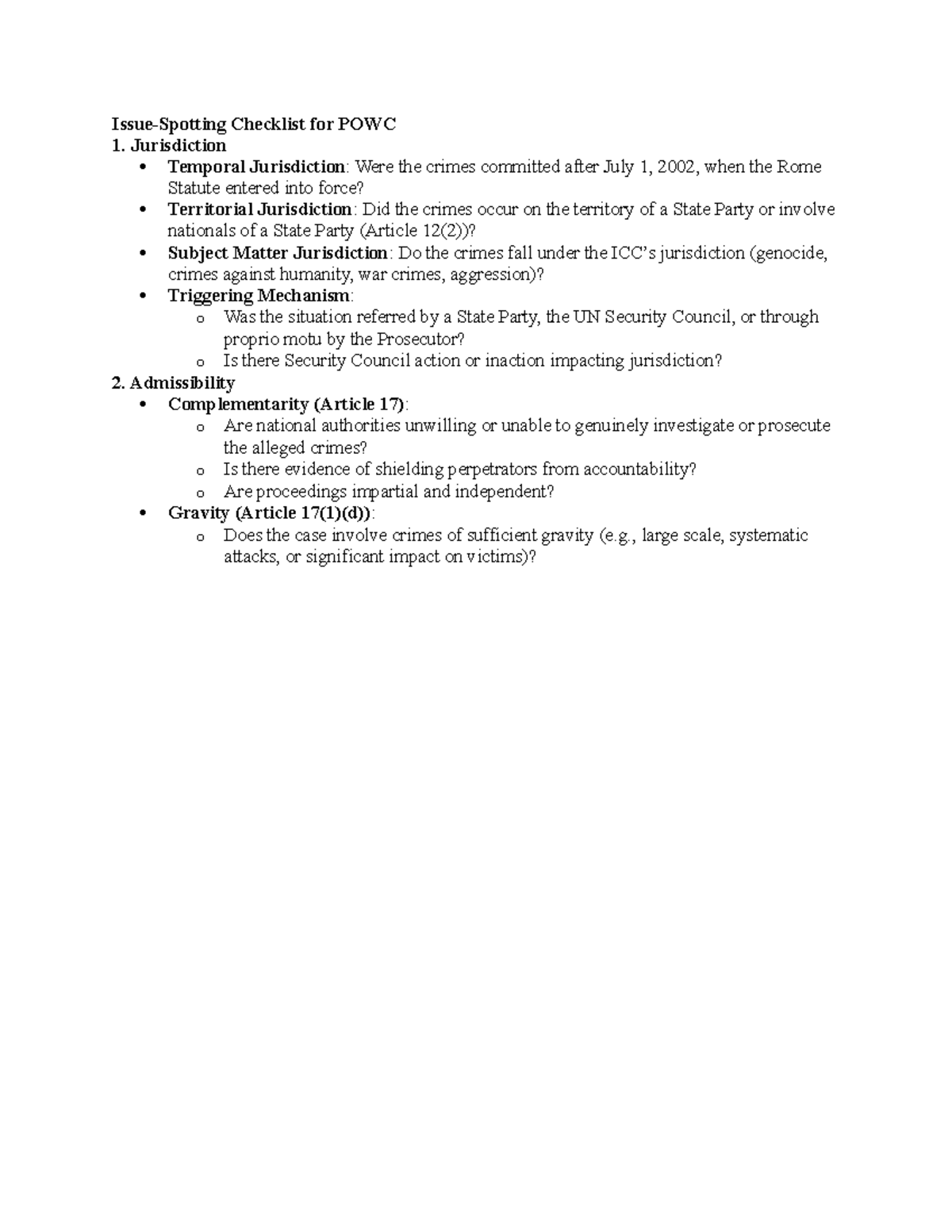 POWC Jurisdiction & Admissibility Issue Spotting Checklist - Studocu