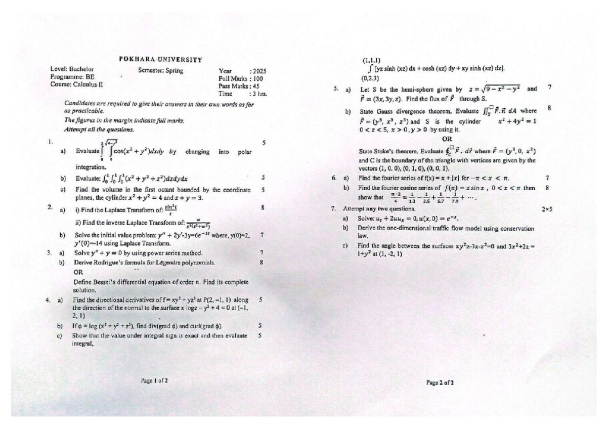 Calculus II (BE) 2026 Question Bank for Final Exam - Studocu