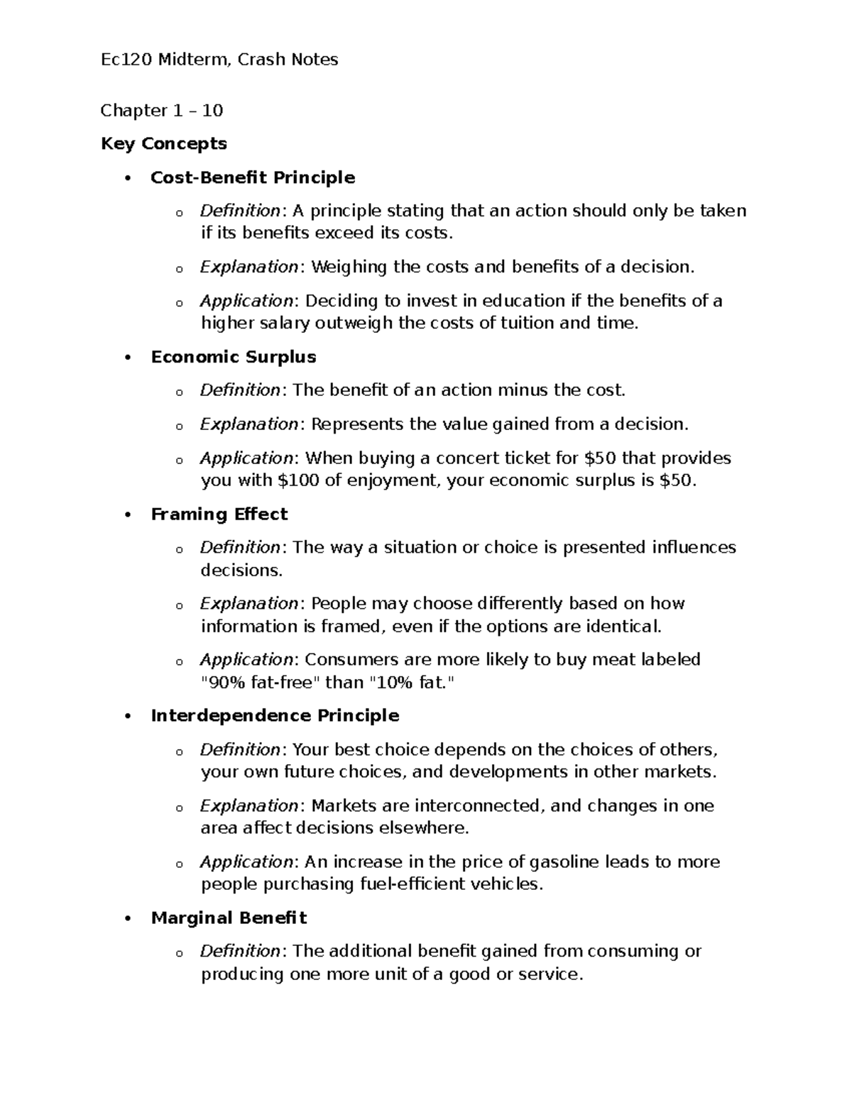 Ec120 Midterm Study Notes - Chapter 1 – 10 Key Concepts Cost-Benefit ...